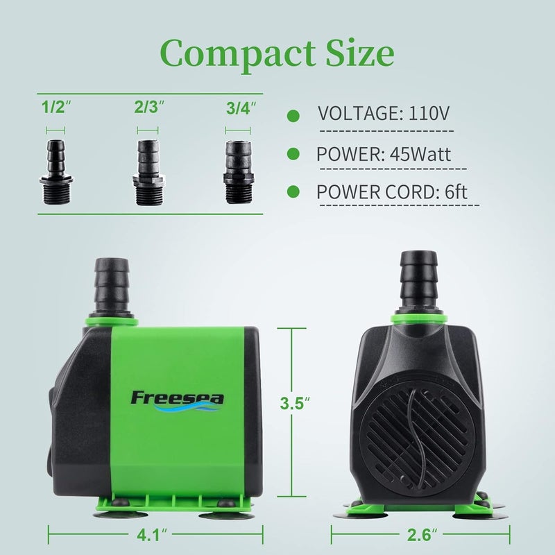 FREESEA Fountain Submersible Water Pump: 800GPH 45W Adjustable Ultra Quiet Aquarium Pump with 3 Nozzles 10ft High Lift for Small Pond | Fish tank | Waterfall | Outdoor | Hydroponics - Image 5